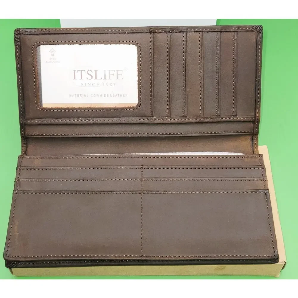 Vintage Brown Leather Long Wallet with Eagle Embossed Design RFID Bifold